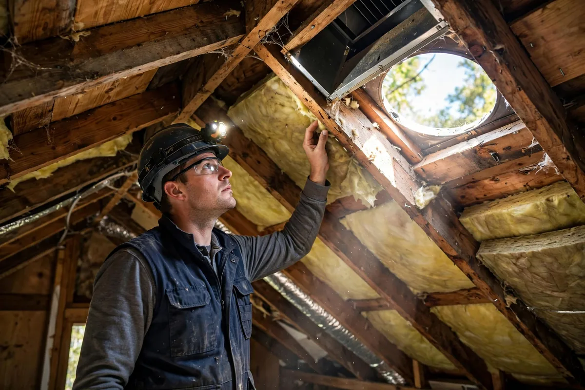 Inspector with a headlamp examining attic rafters and a roof vent.