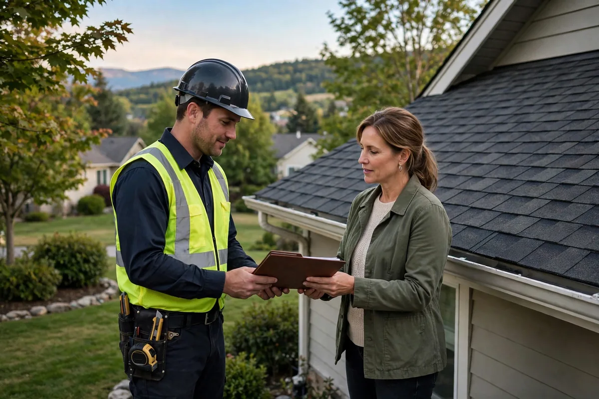 Inspector handing a certification folder to a homeowner beside a well-kept roof.